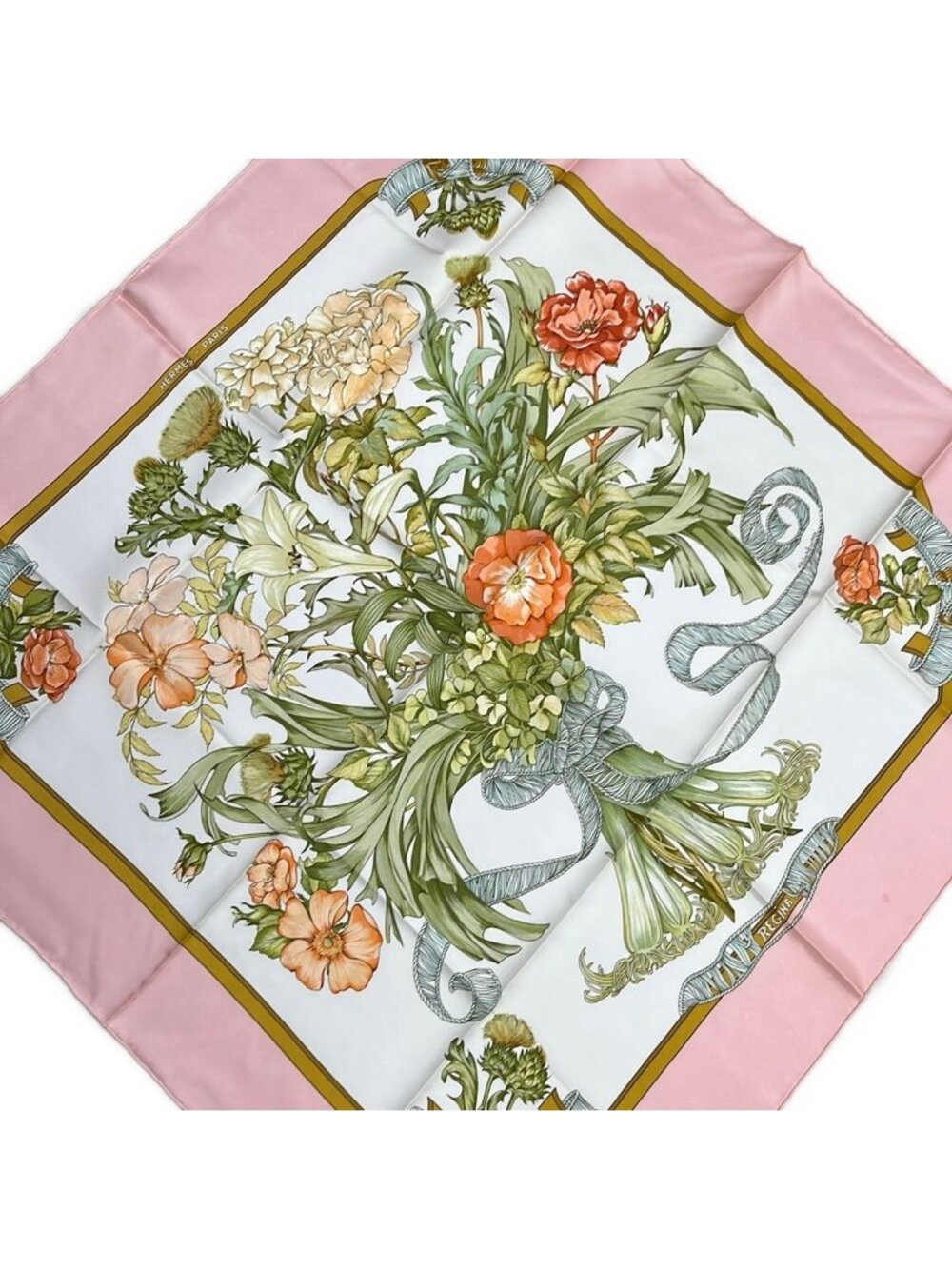 Hermes Scarf Carre 90 Light Pink Khaki Multi Regina